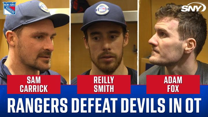 Sam Carrick, Reilly Smith, and Adam Fox discuss Rangers' crucial 3-2 OT win over Devils.
