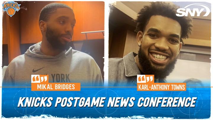 Mikal Bridges and Karl-Anthony Towns discuss the Knicks' preseason win over the Timberwolves.