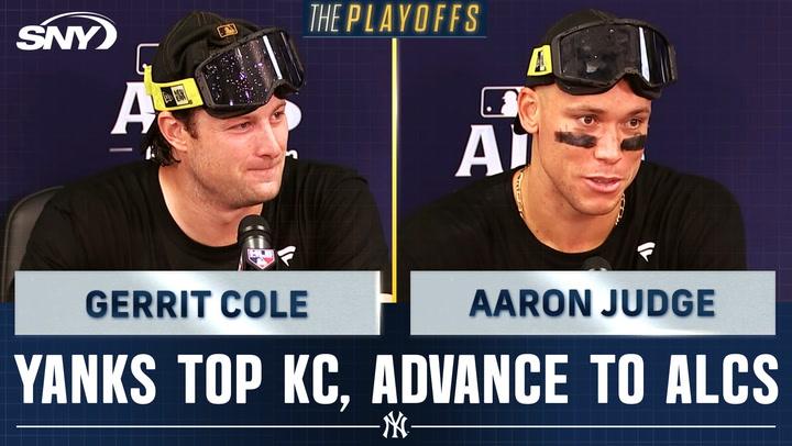 Gerrit Cole and Aaron Judge discuss advancing to ALCS after beating Royals, feeling 'excited'.