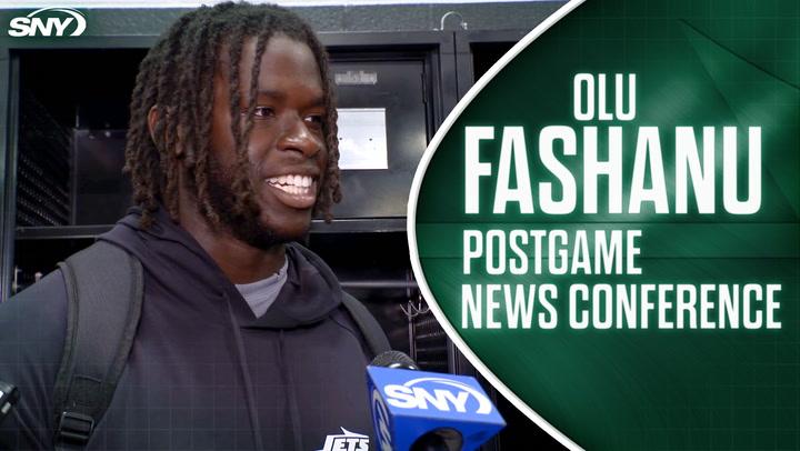 Jets rookie OL Olu Fashanu discusses adjusting from left to right tackle in a postgame interview.