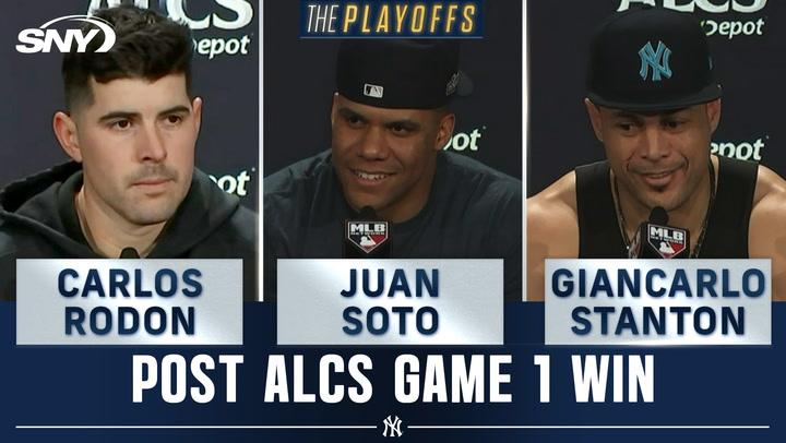 Carlos Rodon, Juan Soto, and Giancarlo Stanton discuss Yankees' ALCS Game 1 win over Guardians.