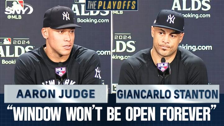 Aaron Judge and Giancarlo Stanton discuss Juan Soto's impact and facing the Royals in playoffs.