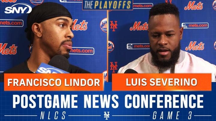 Francisco Lindor and Luis Severino discuss struggles after Mets' Game 3 NLCS loss to Dodgers.