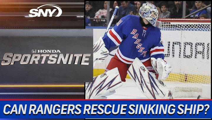 Alt text: "Rangers' goalie in action post-3-1 loss to Carolina. Chelsea Sherrod and Vincent Mercogliano discuss Rangers’ potential big moves amid struggles on SNY SportsNite."