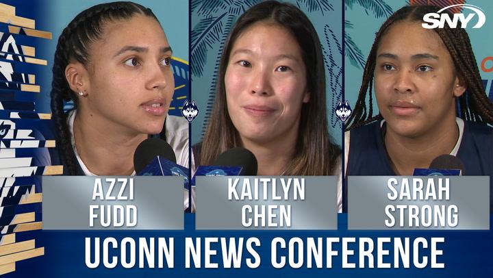 Azzi Fudd, Kaitlyn Chen, and Sarah Strong at a UConn press conference, discussing strategies for the National Championship game.