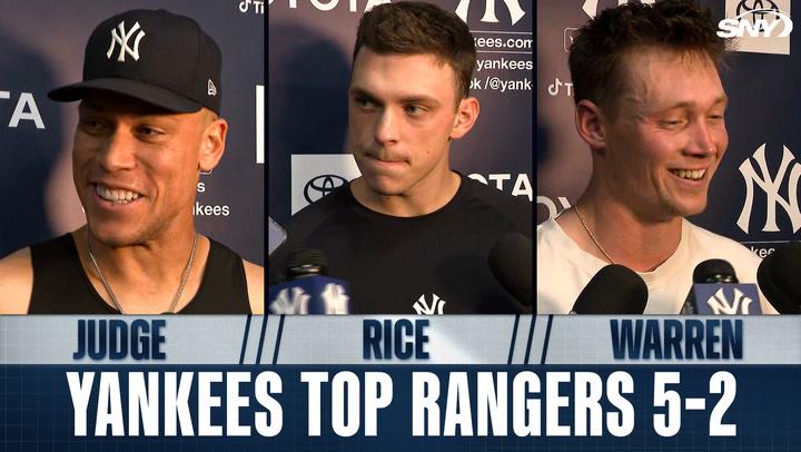 Aaron Judge, Ben Rice, and Will Warren celebrate Yankees' 5-2 win over Rangers.