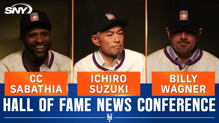 2025 Hall of Fame inductees Sabathia, Suzuki, and Wagner emotional at news conference.