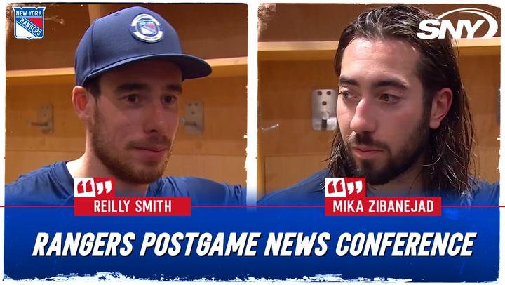 Reilly Smith and Mika Zibanejad at the Rangers postgame news conference after a 4-1 win.