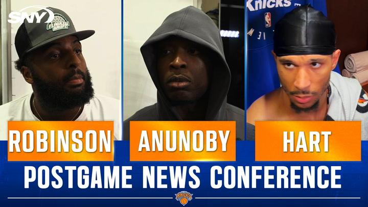 Mitchell Robinson, OG Anunoby, and Josh Hart at postgame news conference after Knicks win.