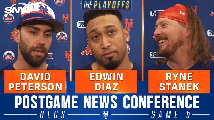 David Peterson, Edwin Diaz, and Ryne Stanek discuss the Mets' Game 5 NLCS win at a news conference.