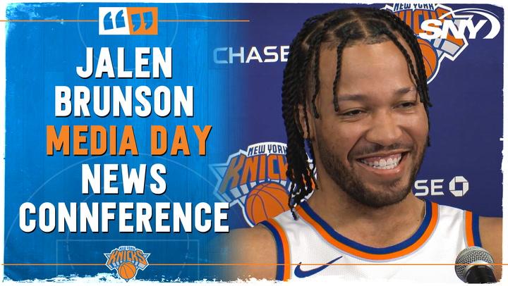 Jalen Brunson at Knicks media day, discussing Karl-Anthony Towns, Julius Randle, and new season steps.