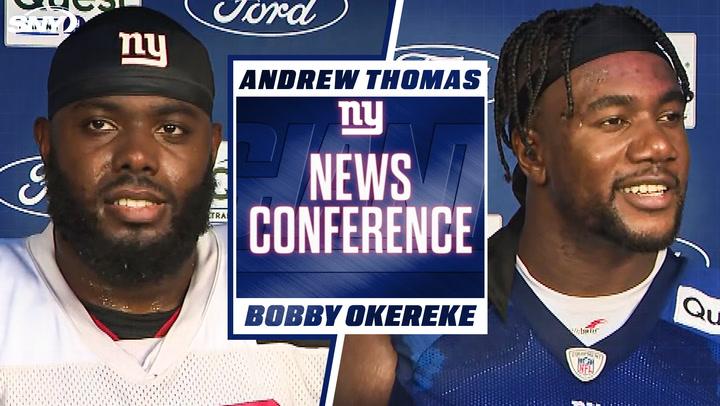 Andrew Thomas and Bobby Okereke at Giants' news conference discussing preseason and fewer captains.