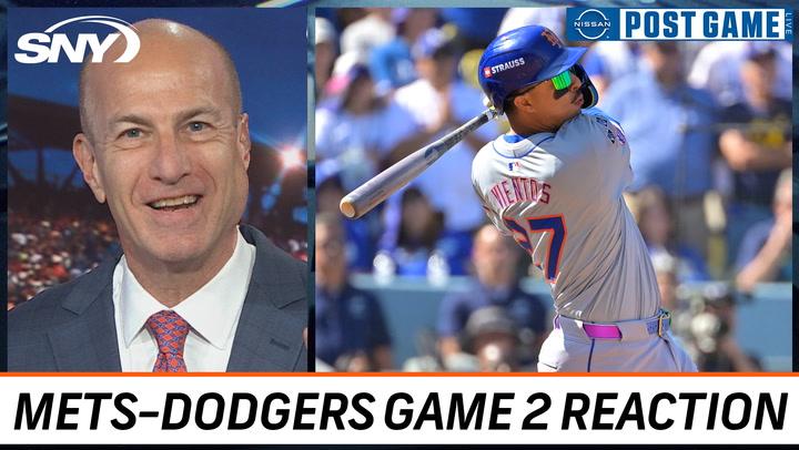 Gary Cohen and Mets Post Game crew react to Game 2 win over Dodgers; Vientos batting.