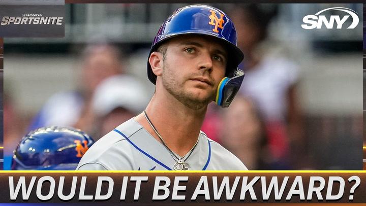 Pete Alonso in Mets gear with text: "Would it be awkward?" Discussing potential reunion.