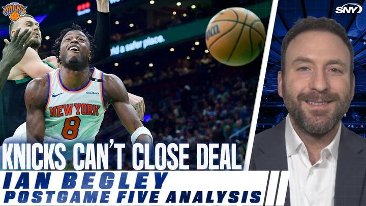```alt text
SportsNite panel reacts to Knicks' uninspired Game 5 loss; discusses Celtics' tactics. 
```