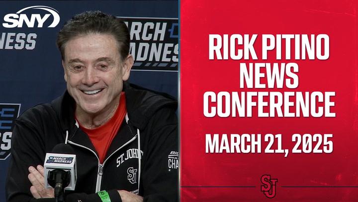 Rick Pitino at a news conference, discussing the St. John's-Arkansas matchup's challenges.
