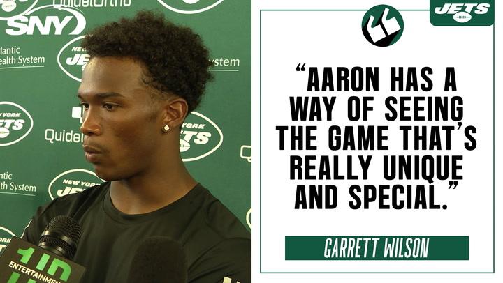 Jets wide receiver Garrett Wilson talks about learning from veterans Randall Cobb and Aaron Rodgers