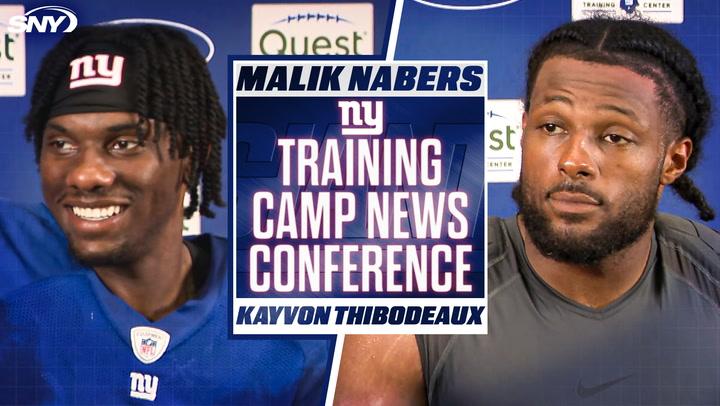 Malik Nabers discusses fight with Kerby Joseph and practice success; Kayvon Thibodeaux advises Nabers.