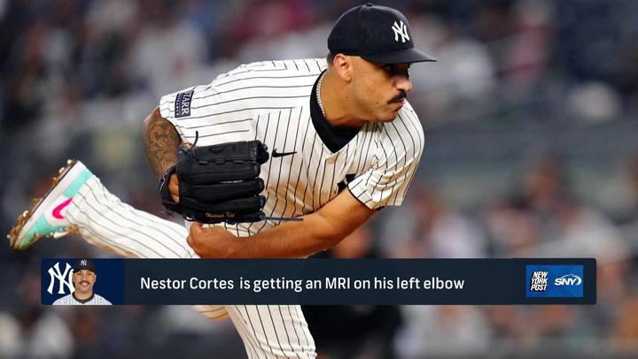 Nestor Cortes pitching, caption reads: "Nestor Cortes is getting an MRI on his left elbow." Greg Joyce and EmmaKate Austin discuss Yankees' playoff rotation plans.