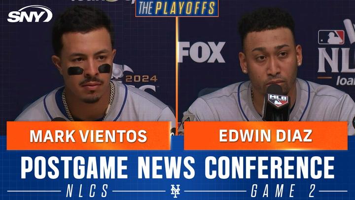 Mark Vientos and Edwin Diaz discuss Mets' 7-3 NLCS Game 2 win and returning to Citi Field.