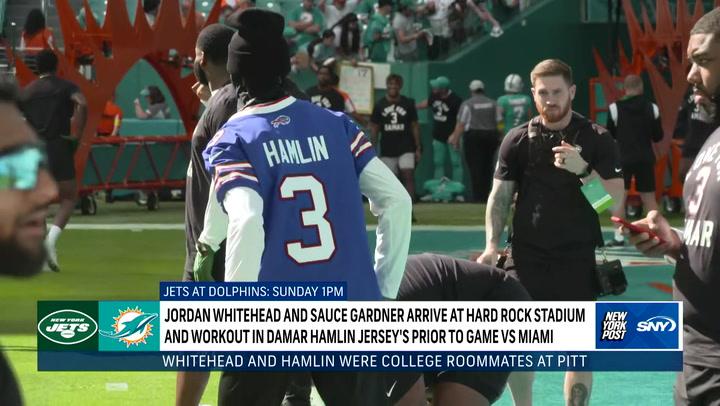 Jordan Whitehead and Sauce Gardner arrive at Hard Rock Stadium wearing Damar Hamlin jerseys