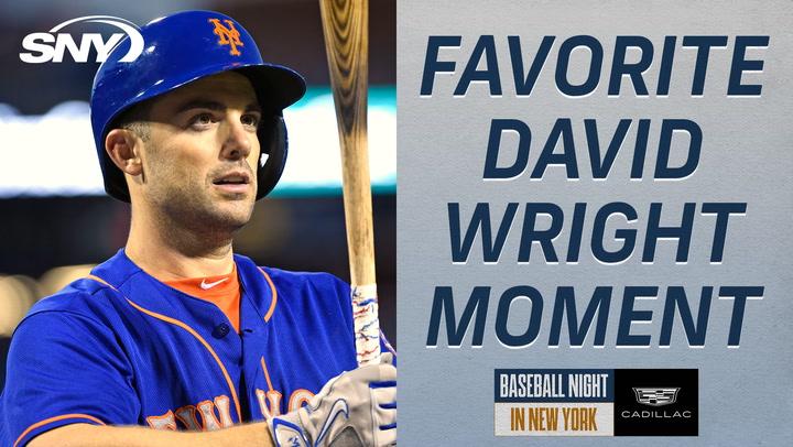 David Wright stands ready with a bat, celebrated on "Baseball Night in NY" by Collins and Blevins.