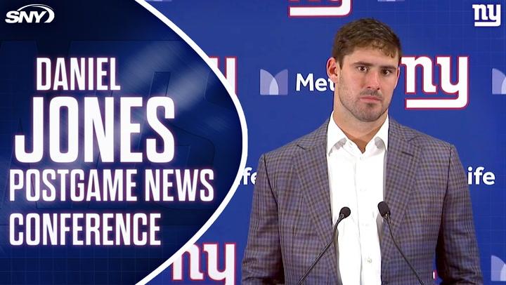 Daniel Jones addresses costly interception and Giants' offense struggles in postgame conference.