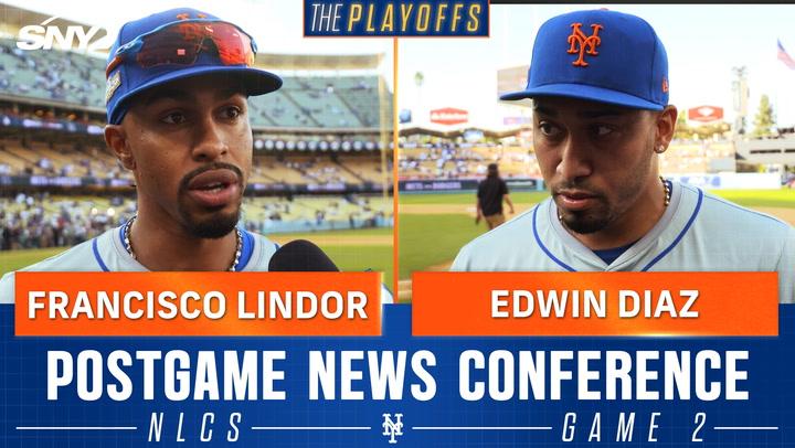 Francisco Lindor and Edwin Diaz discuss the Mets' NLCS Game 2 win over the Dodgers, 7-3.