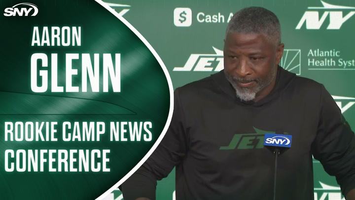 Jets coach Aaron Glenn addresses media at rookie minicamp, shares insight on rookies.