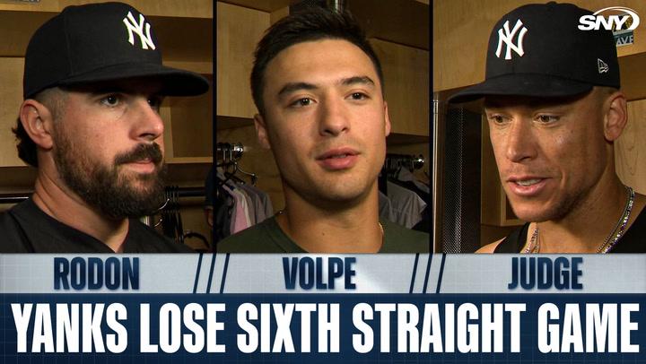 Carlos Rodon, Anthony Volpe and Aaron Judge try to analyze what's gone wrong as Yanks lose sixth straight 