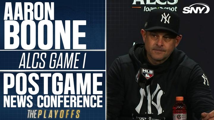 Aaron Boone discusses Yankees' 5-2 win over Guardians, highlights Rodon's performance in ALCS.