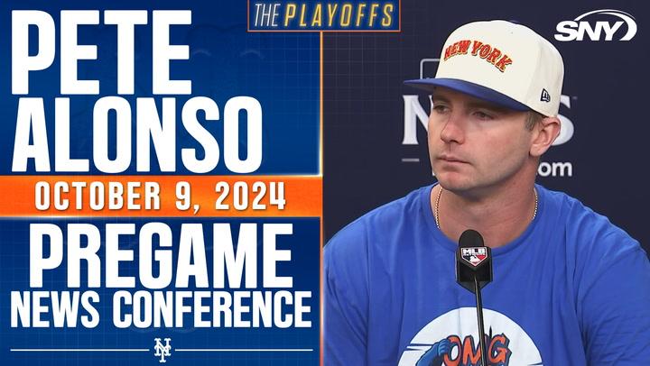 Pete Alonso at pregame news conference on October 9, 2024, discusses NLDS Game 4 pressure.