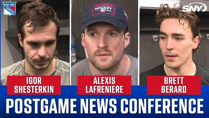 "Rangers' Shesterkin, Lafreniere, Berard discuss playoff hopes after 9-2 win over Islanders."