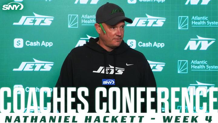 Jets offensive coordinator Nathaniel Hackett discusses Week 4 game against Broncos, Aaron Rodgers.