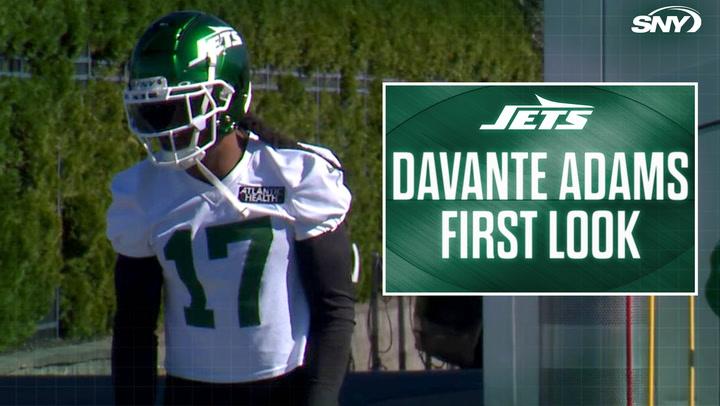 Davante Adams in a Jets uniform at practice, preparing for Sunday Night Football vs. Steelers.