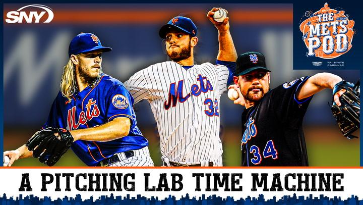 Baseball card-style image: three Mets pitchers past lined up for "A Pitching Lab Time Machine."