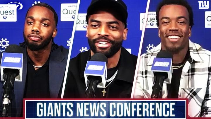 Giants news conference with Darius Slayton, Jevon Holland, Paulson Adebo, and Chauncey Golston.