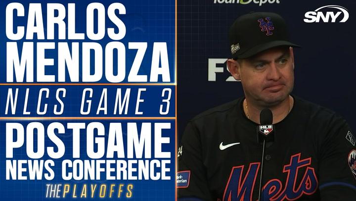 Carlos Mendoza discusses lineup changes after Mets' Game 3 struggles in NLCS against Dodgers.