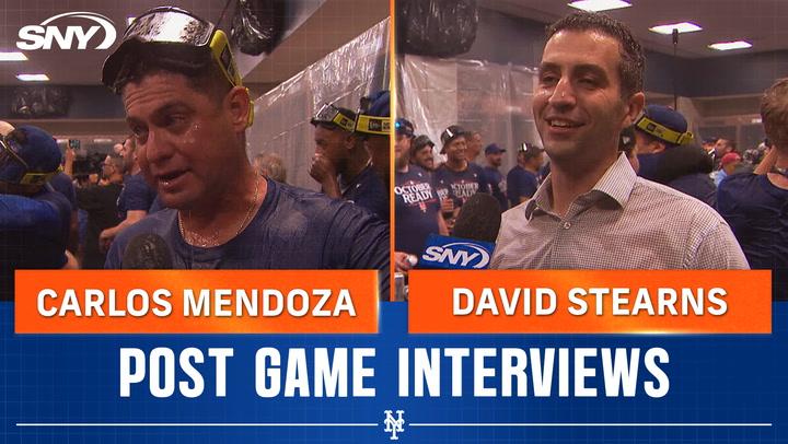 Carlos Mendoza and David Stearns celebrate Mets clinch, discuss playoff hopes with SNY’s Steve Gelbs.