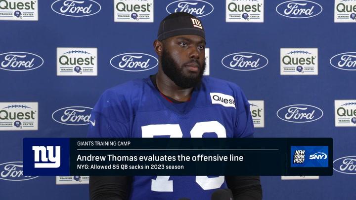 Andrew Thomas discusses Giants OL progress at training camp.