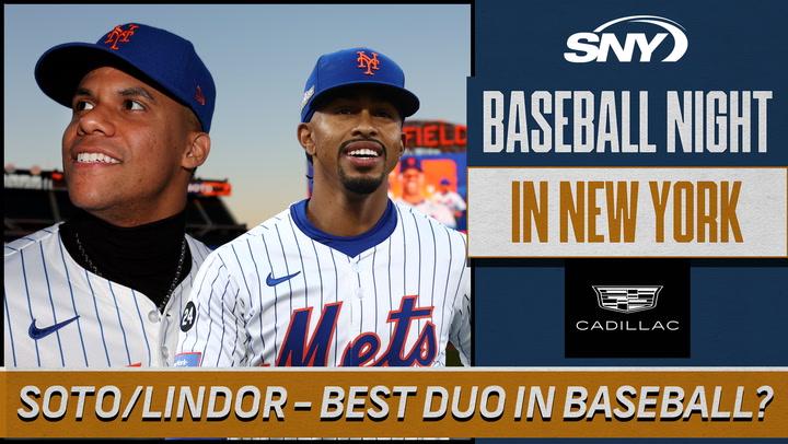 Juan Soto and Francisco Lindor in Mets jerseys; debate on 'Baseball Night in New York'.