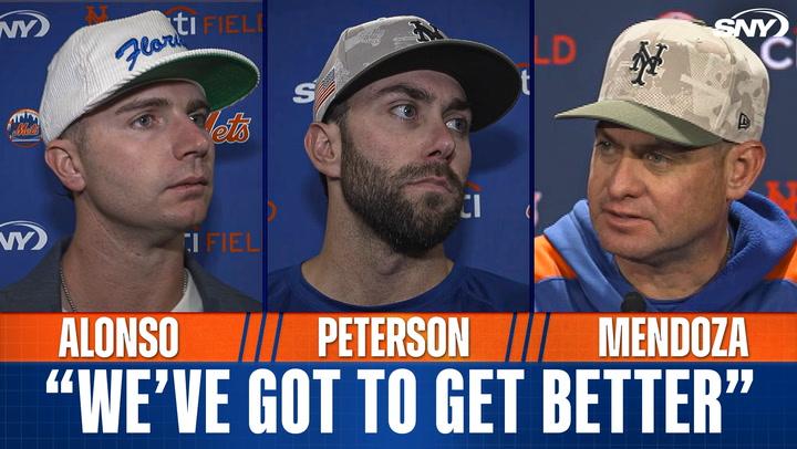 Pete Alonso reacts to his throwing error in the eighth inning, Carlos Mendoza on infield defense after Mets loss to Yankees