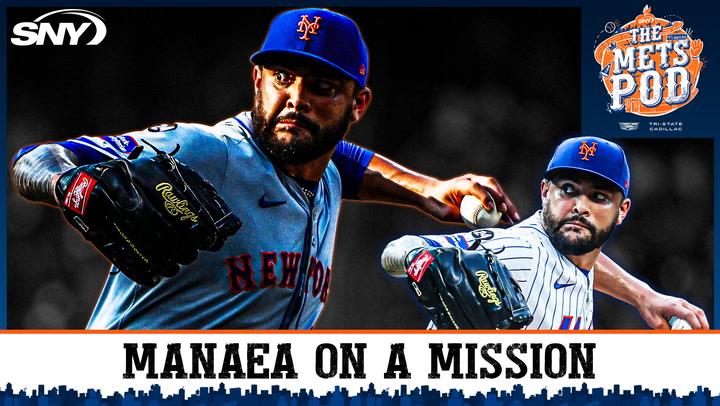 Sean Manaea pitching in Mets uniform. "Manaea on a Mission" headline for The Mets Pod episode.