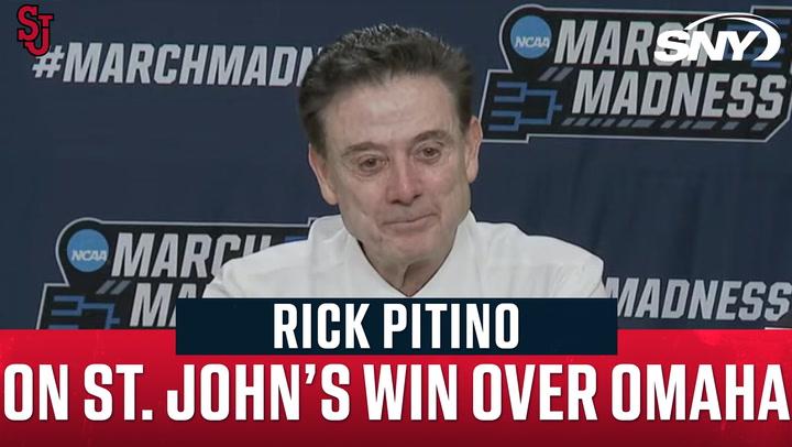 Coach Rick Pitino addresses media after St. John's 83-53 NCAA win over Omaha, discussing the next challenge against John Calipari and Arkansas.