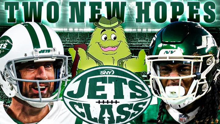 Alt text: "Aaron Rodgers and Davante Adams in Jets gear with green Grimace, promoting Jets Class."