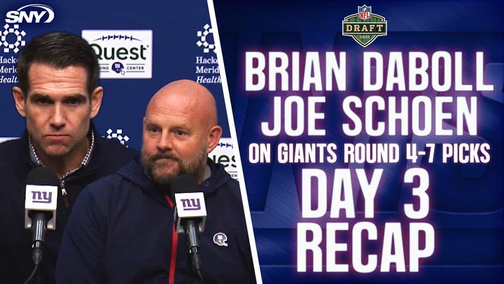 Brian Daboll and Joe Schoen discuss Giants' NFL Draft picks, including Cam Skattebo, Marcus Mbow.