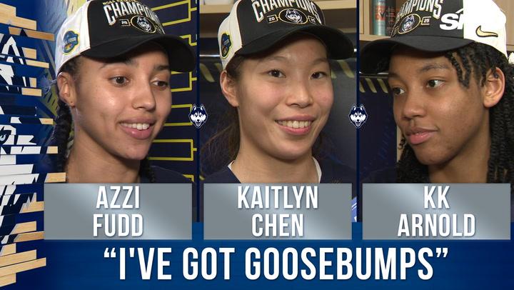Azzi Fudd, Kaitlyn Chen, KK Arnold discuss UConn's championship run and team friendship.