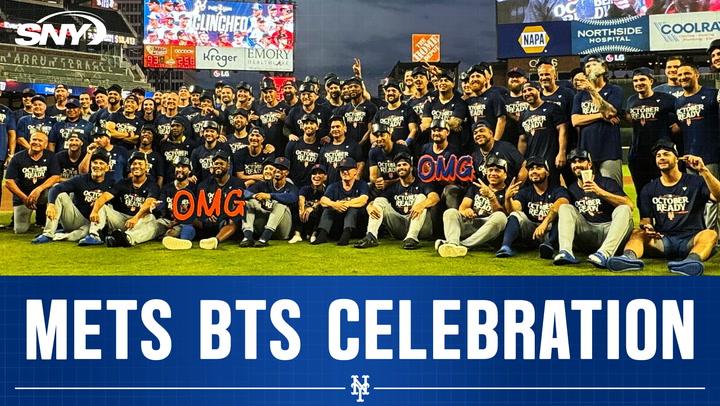 Mets celebrate clinching the 2024 MLB playoffs in Atlanta. Team photo with "METS BTS CELEBRATION" text.