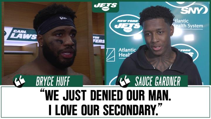 Jets DE Bryce Huff and CB Sauce Gardner discuss their defensive effort in 30-6 win over the Texans