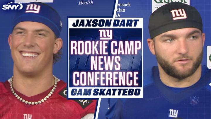 Alt text: "Jaxson Dart and Cam Skattebo at Giants rookie camp, eager to prove themselves."